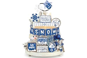 Funnymoom 24 Pcs Winter Christmas Tiered Tray Decor Snowflake Table Centerpieces Set Winter Tiered Decor Wooden Blue White Signs Without Tray Frosty Snow Mini Mug Sugar Bowl Beads 3D Sign