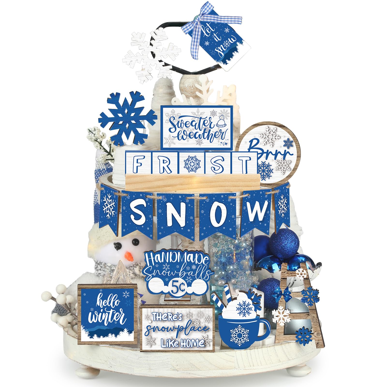 Photo 1 of Funnymoom 24 Pcs Winter Tiered Tray Decor Snowflake Table Centerpieces Set Winter Tiered Decor Wooden Blue White Signs Without Tray Frosty Snow Sugar Mini Mug Bowl Beads 3D Sign
