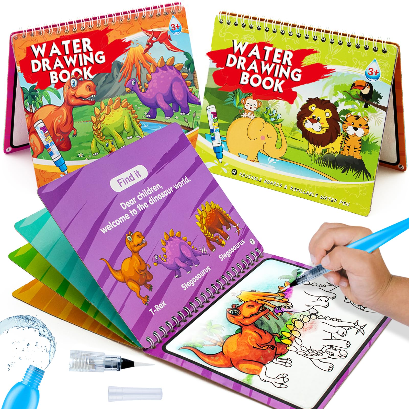 hapray 2 Pack Magic Water Colouring Books for Toddlers, Dinosaur & Animal Reusable Doodle Pads, Mess-Free Art Toys for Kids Age 2-4, Educational Travel Activity Book for Boys & Girls 3 2 1+ — image 1