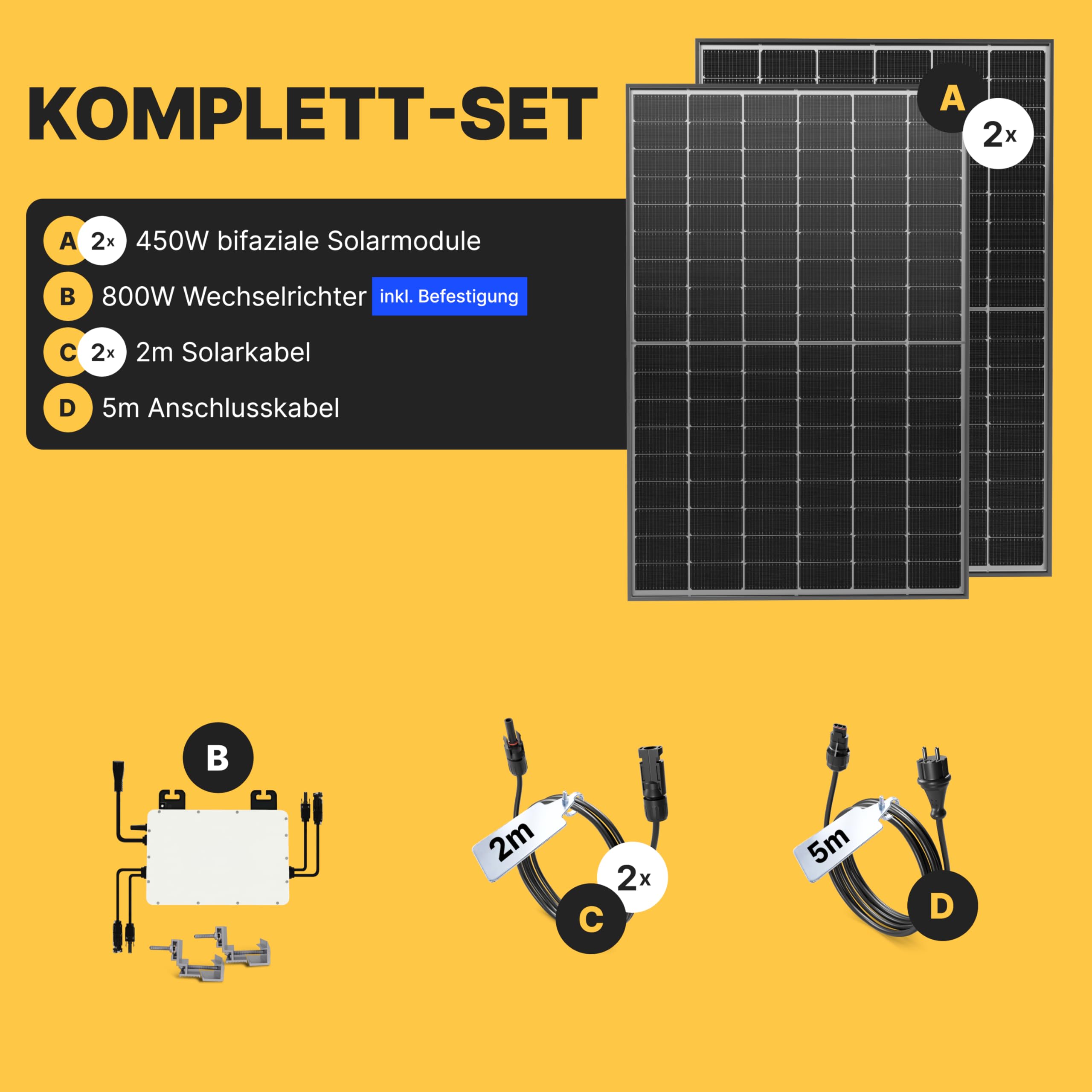 Solakon 900W Balkonkraftwerk - Balkonkraftwerk 800W komplett Steckdose - neuester 800 Watt Wechselrichter - Solaranlage Komplettset - 450W bifaziale Solarmodule inkl Zubehör - 5m Kabel, Ohne Halterung 4