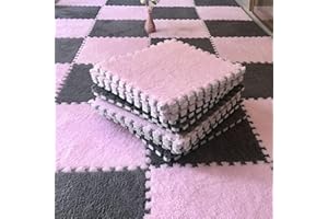 Typutomi 10pcs Plush Puzzle Foam Floor Mat, Soft Fluffy Interlocking Square Foam Tiles Area Rugs Carpet for Parlor Bedroom Decoration(11.8x11.8in, Grey&Pink)