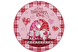 Fzbali Gnome Couple Christmas Tree Skirt 48 Inches, Happy Valentine's Day Love Hearts Lace-up Artificial Large Tree Skirt, Pink Buffalo Plaid Check Rustic Home Decoration Holiday Farmhouse Decor
