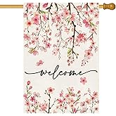 Baccessor Spring Summer Welcome House Flag 28 x 40 Inch Double Sided Burlap Pink Floral Cherry Blossom Green Leaf Farmhouse Large Yard Flag Summer Holiday Seasonal Outdoor Outside Decoration
