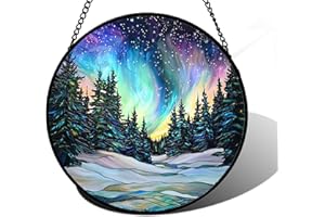 DASTOLL Stained Glass Window Hanging, Aurora Landscape Sun Catchers Glass Panel Green Trees Suncatcher Decor for Birthday for Women, Men, Wife, Aunt, and Mom 7.8 in