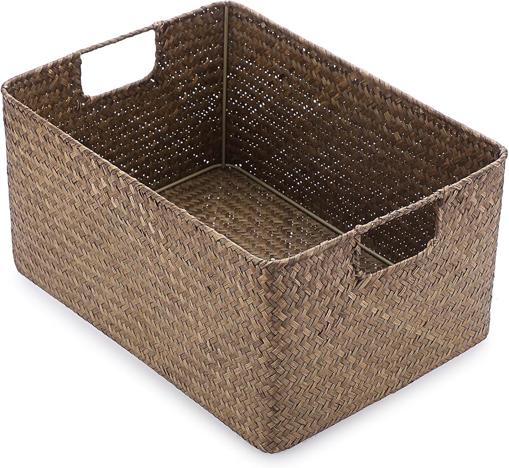 IGNPION Seagrass Storage Box Open Basket Rectangular Woven Laundry Organizer