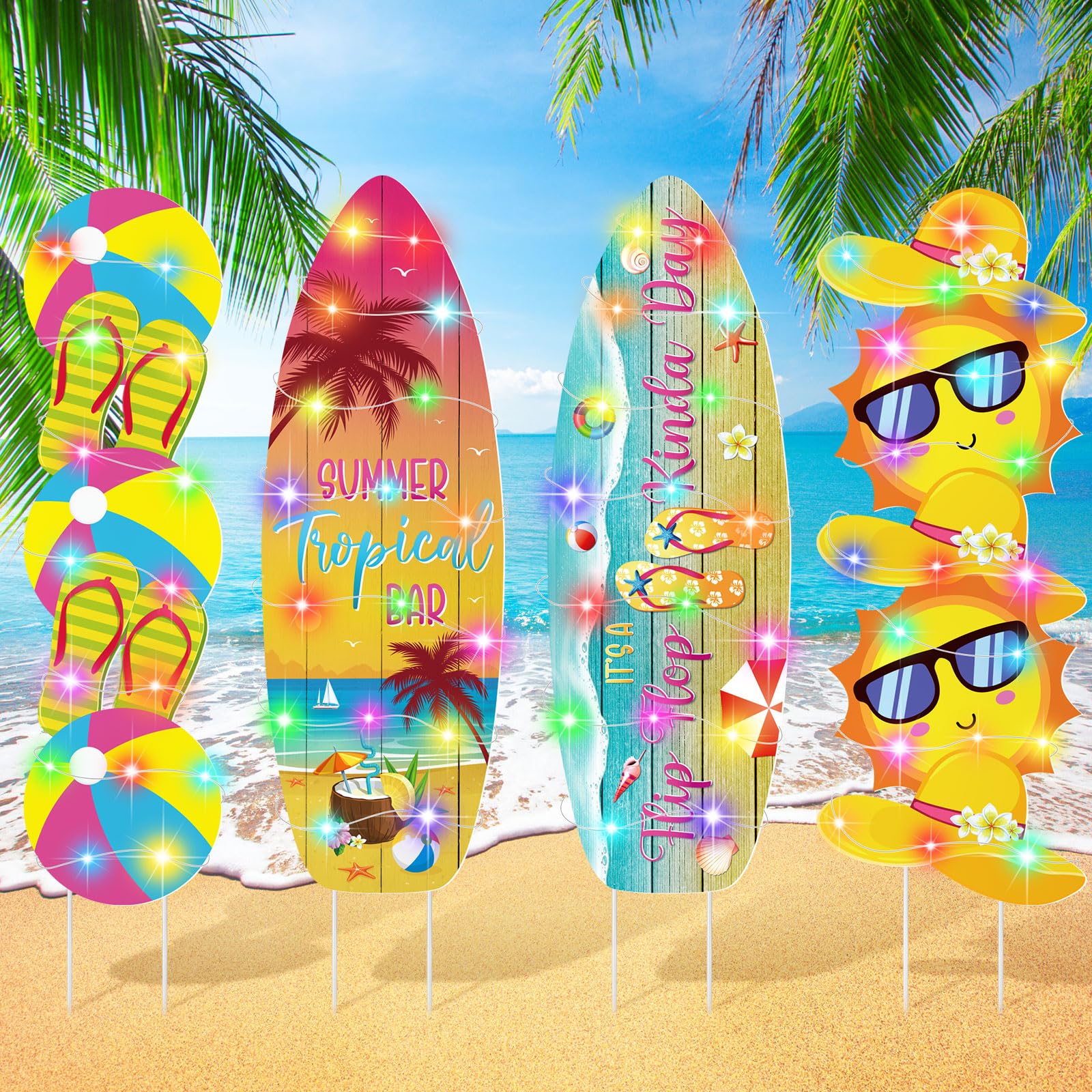 Photo 1 of Bencailor 4 Pcs Summer Outdoor Yard Decoration Summer Beach Pool Yard Signs with Stakes LED Hawaiian Themed Party Supplies Beach Ball Surfboard Slipper Decor for Outdoor Lawn Garden Patio