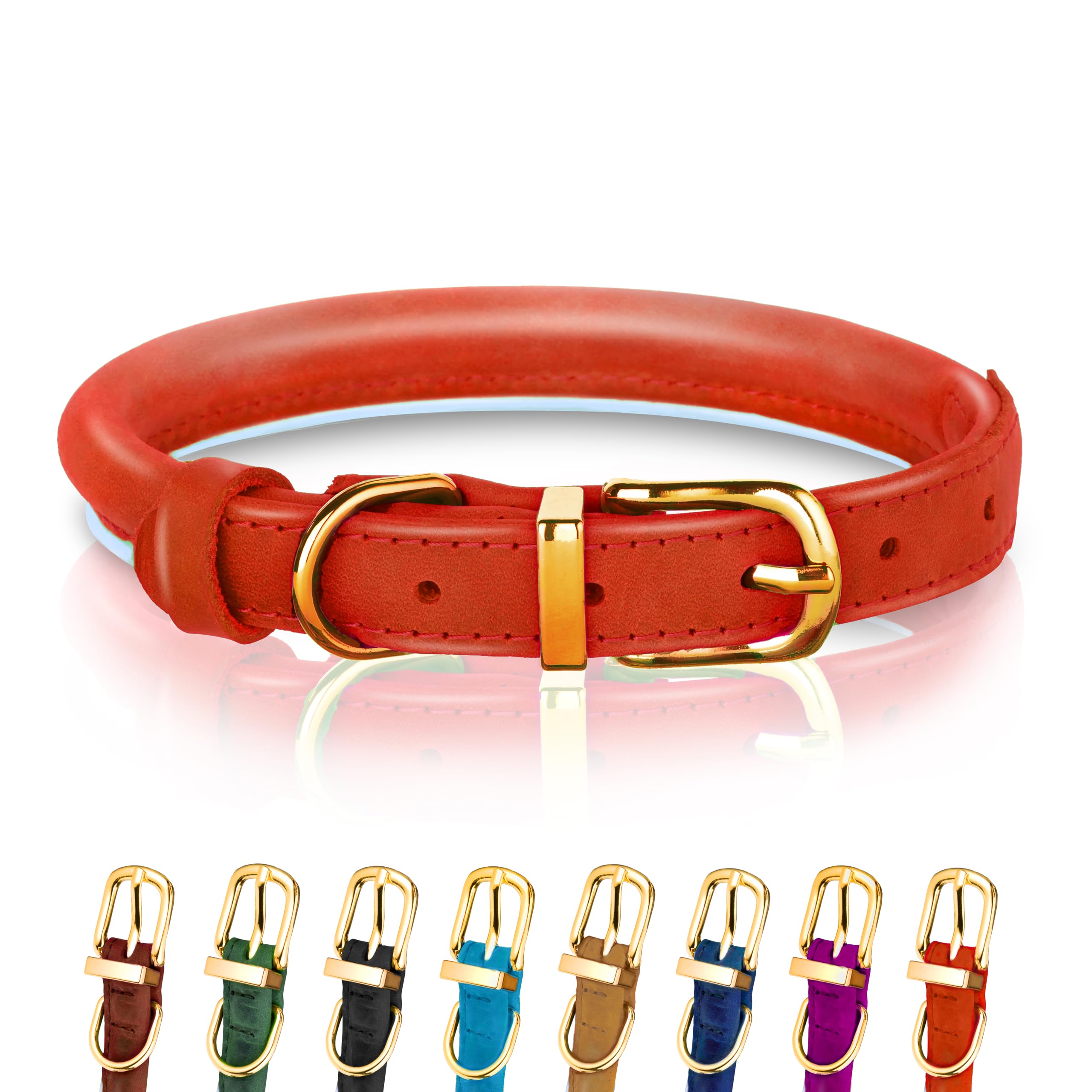OOPSDOGGY Reflective Rolled Leather Dog Collar for Small Medium Large Dogs Puppy, 8 Colors, 7 Sizes (Red, XL, 17"-21")