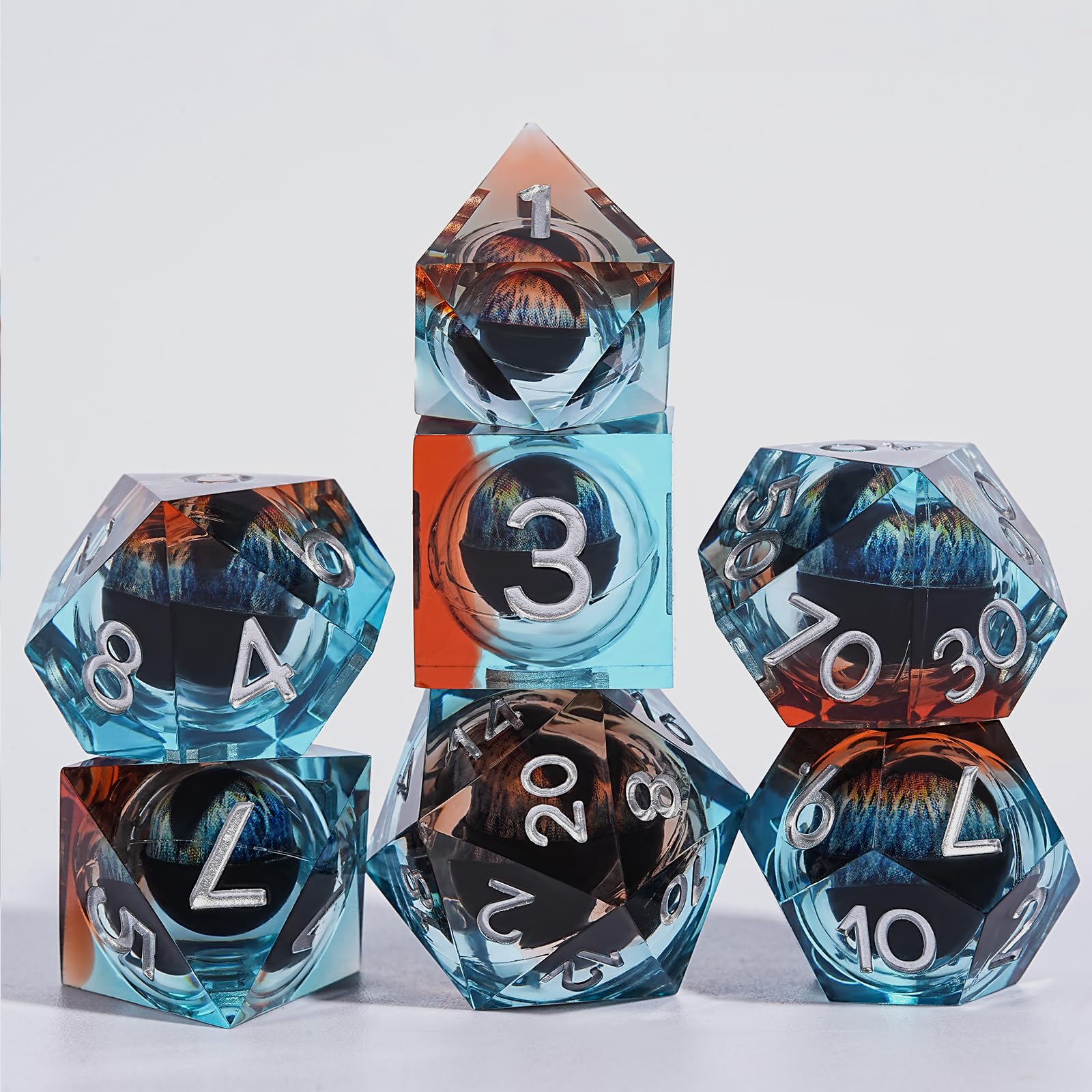 HKDZ Liquid Dragon Eye Dice Set 7 Piece with Bag and Box,Resin Polyhedral Dice for Dungeons and Dragons Tabletop RPG,Cool Design D20 D12 D10 D8 D6 D4（Blue and Brown） — image 1