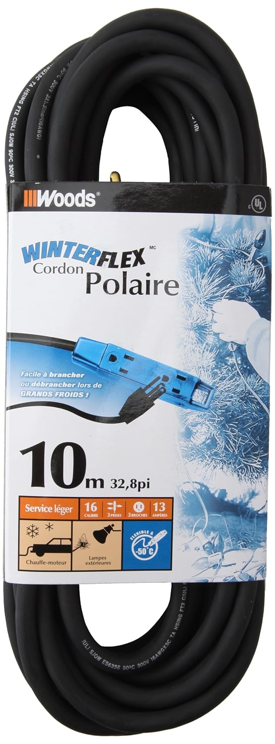 Woods 545781 16/3 SJOW Polar Winterflex 125volt 10m 3Outlet Power Cord, Black/Blue, Standard