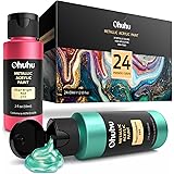 Metallic Acrylic Paint Set, Ohuhu 24 Metallic Colors (59ml, 2oz) Acrylic Painting Bottles, Canvas Wood Ceramic Crafts Art Pai