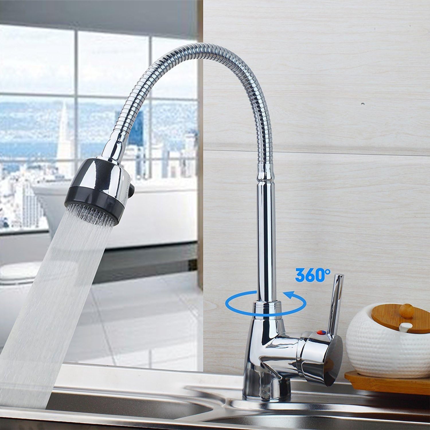 Yanksmart(TM) 360 Degree Swivel Spray Kitchen Hot and Cold Water Mixer Single Handle Kitchen Sink Tap Faucet with Multifunctional Spray, Chrome R87490