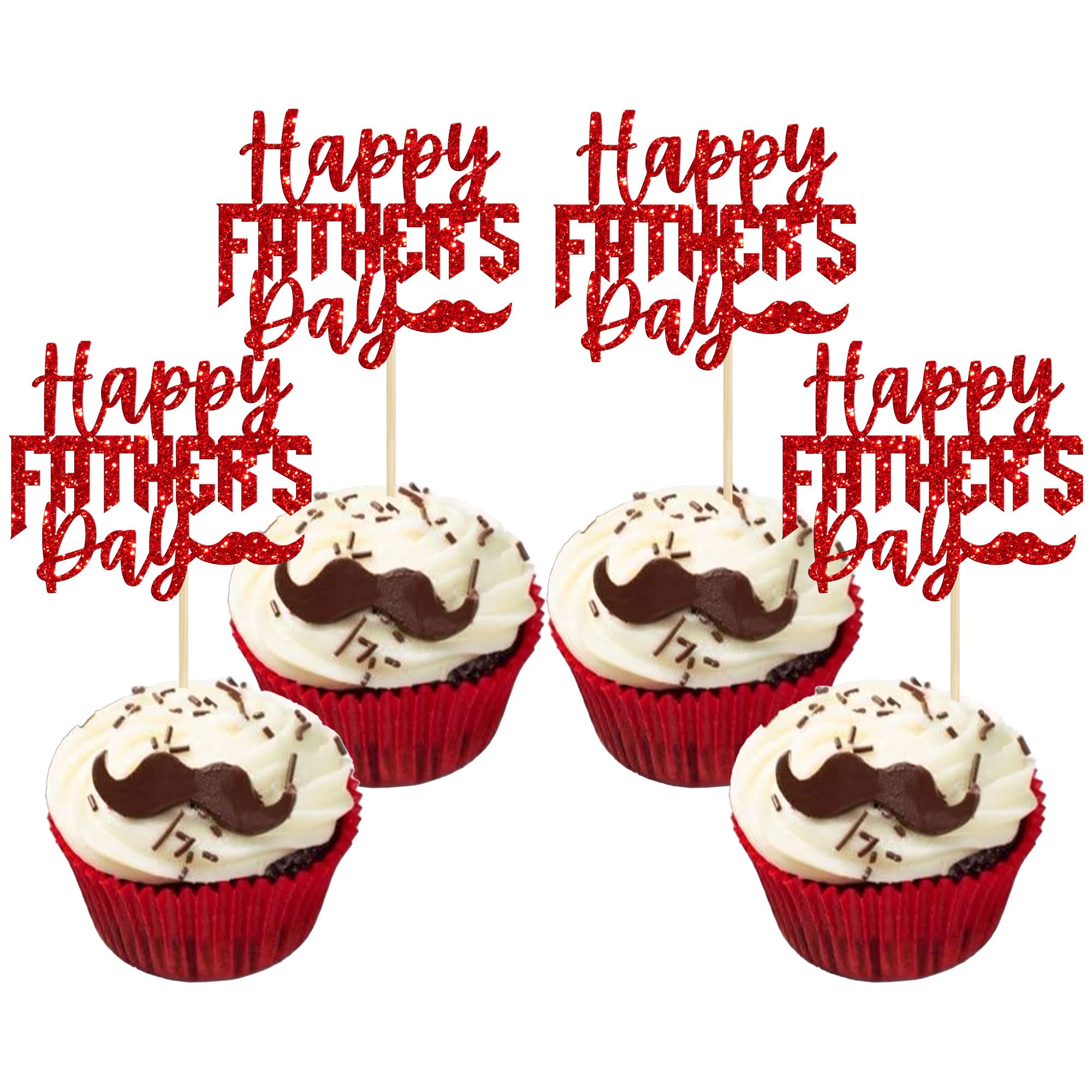24 Pack Happy Father's Day Cupcake Toppers with Mustache Red Glitter Best Dad Super Dad Cupcake Picks for Happy Father's Day Theme Party Cake Decorations Supplies