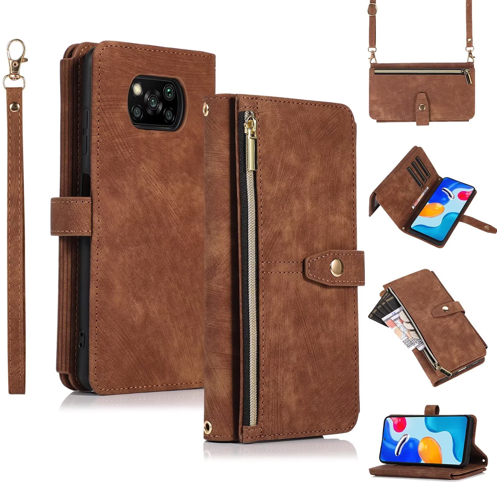 ESONG Case for Xiaomi Poco X3/Poco X3 Pro/Poco X3 NFC,PU Leather Zipper Wallet Flip Magnetic Full Protection Shockproof Cover,Crossbody phone Case for Women[9 Card Slot/2 Coin Pouch/Kickstand],Brown