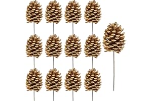 Winlyn 12 Pcs Gold Pine Cone Picks Christmas Natural Pinecone Sprays Decorative Medium Pinecone Stems 8.5" Tall for Christmas Tree Floral Arrangements Wedding Holiday Crafts Seasonal Wreath