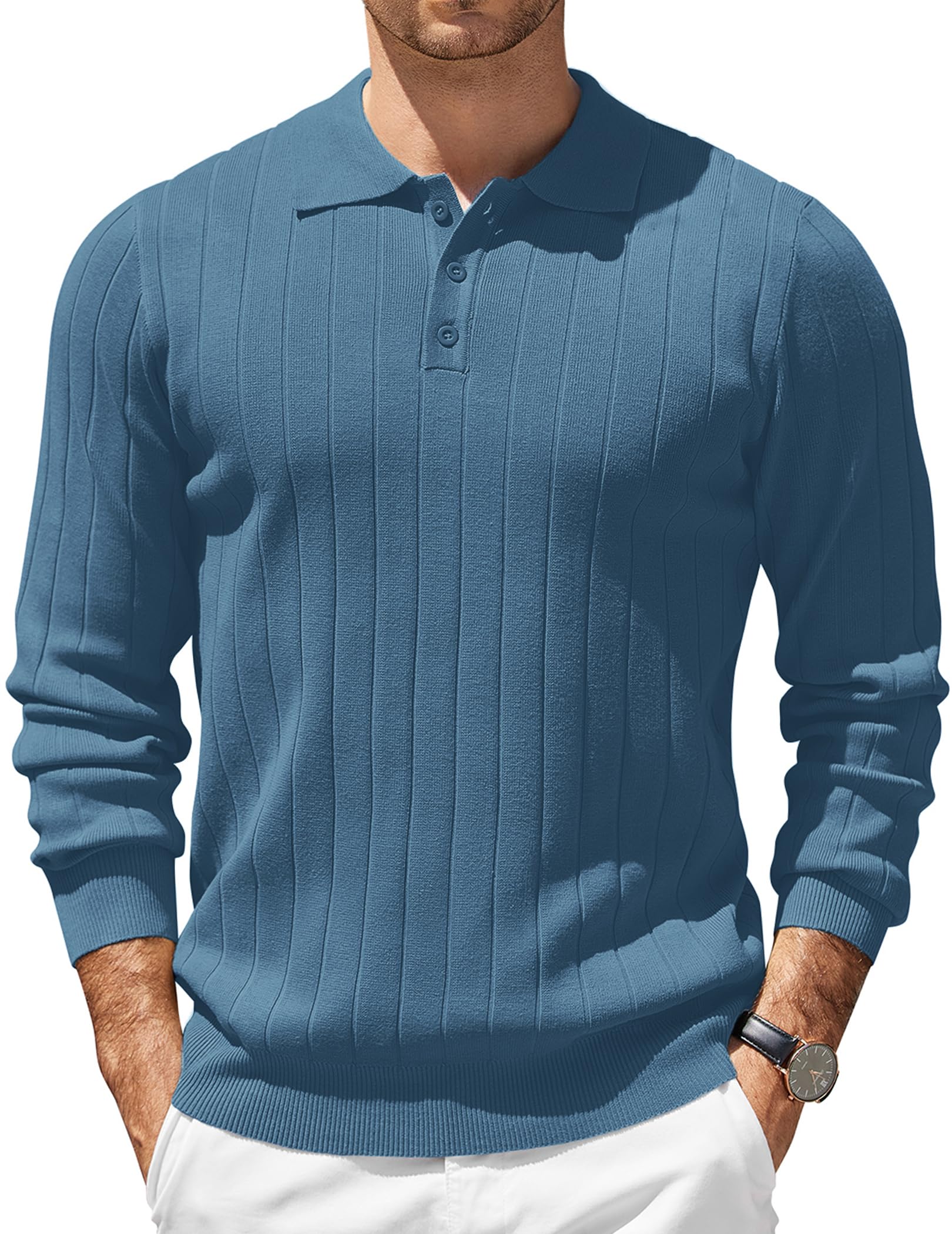 COOFANDY Mens Polo Shirt Fashion Quarter Button Sweaters Slim Fit Long Sleeve Knitted Golf Shirts Blue Image