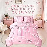 Erosebridal Bow Romantic Princess Twin Comforter Set with Sheets 7 Piece Pink Initial Letter P Bed in A Bag Modern Starry Aesthetic Bedding Sets for Women Lady Cute Cartoon Bowknot Bed Set