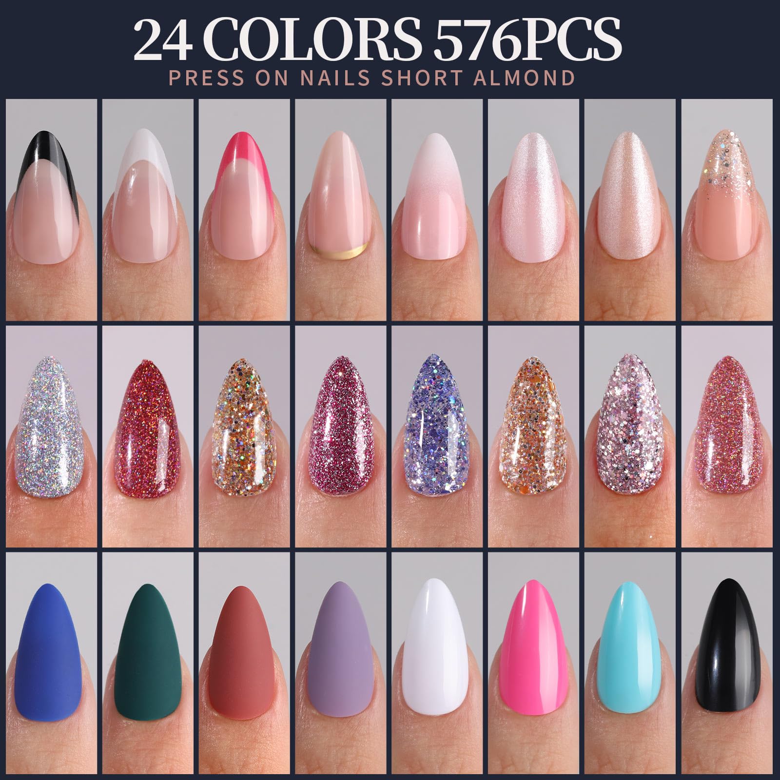 FANDAMEI Press on Nails, 24 Colors 576PCS Press on Nails Almond, Matte Glossy Press on Nails Short Almond, Glitter Fake Nails, Press on Nails French Tip Natural, Press on Nails for Nail Art - Image 5