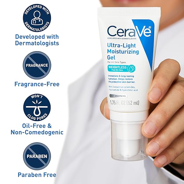 CERAVE ULTRA-LIGHT MOISTURIZING GEL, HYDRATING GEL FACE MOISTURIZER FOR MEN & FOR WOMEN WITH CERAMIDES, NIACINAMIDE, HYALURONIC ACID, FRAGRANCE FREE, OIL-FREE, MATTIFYING MOISTURIZER, 1.75 FL OZ