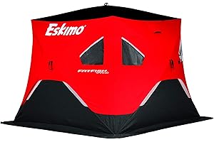 Eskimo FF949iG FatFish Pop-up Portable Hub-Style Ice Shelter, Wide Bottom Design 61 sq ft. Fishable Area, 3-4 Person Insulated Gray Interior, Red, 99" x 99"