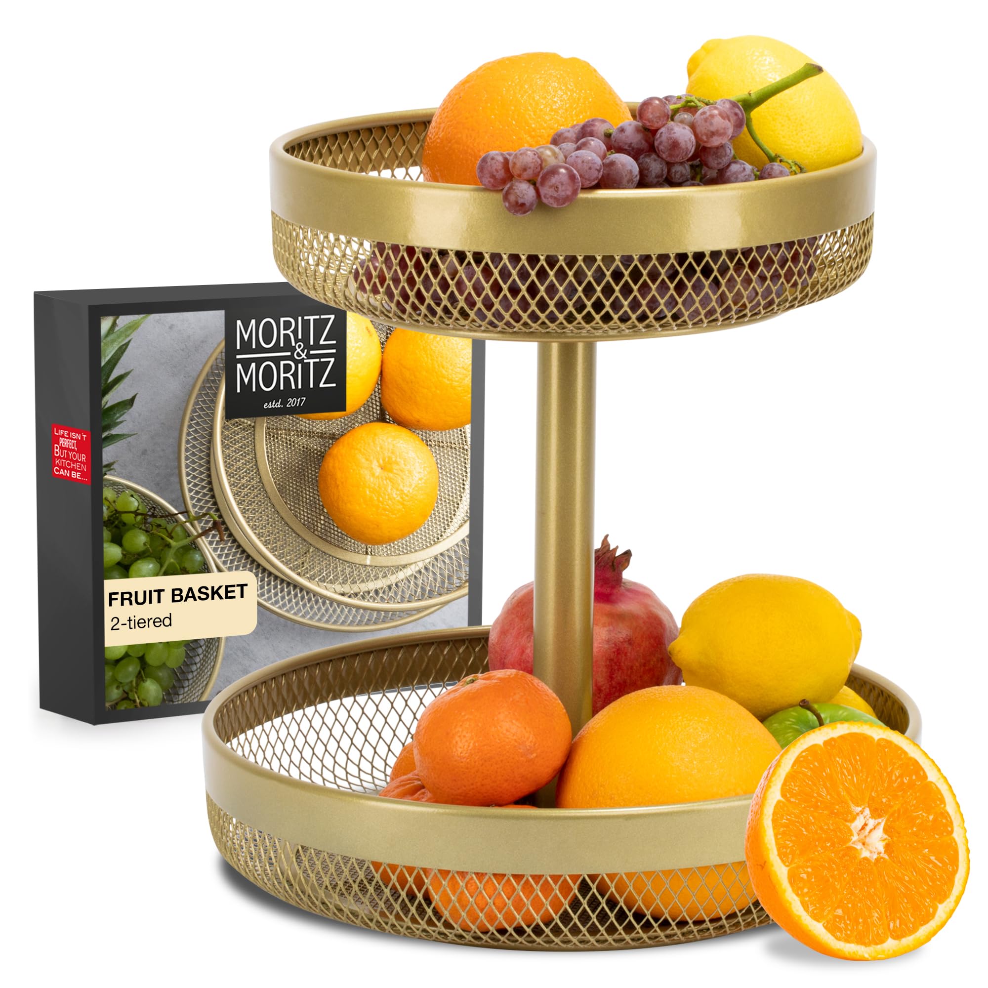 Moritz & Moritz Tiered Fruit Basket Gold Metal - Ø 30 x 30cm - Modern Fruit Bowl Large - Fruit Basket Etagere in Gold for Keeping Fruit, Vegetables and Bread