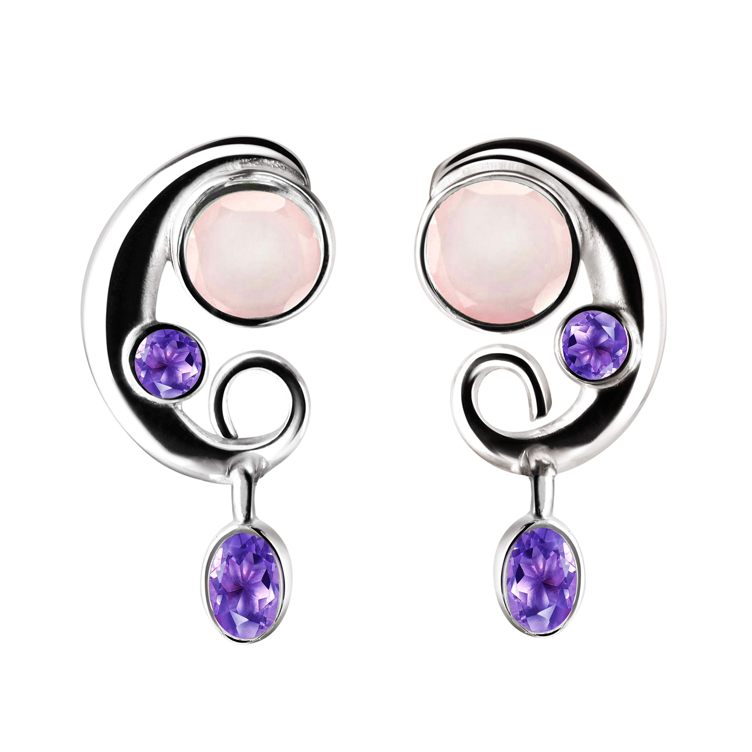 Franki Baker Amethyst and Rose Quartz Sterling Silver Drop, Dangle Earrings