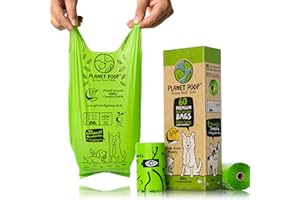 PLANET POOP Home Compostable Dog Poop Bags Extra-Long with Handles 60 Un-Scented Pet Waste Bags Plastic Free, Thick Leakproof Plant-Based Doggy Bag, Cats & Dogs Pet Supplies