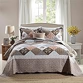 NEWLAKE Quilt Bedspread Sets-Checkered Floral Reversible Coverlet Set,Queen Size
