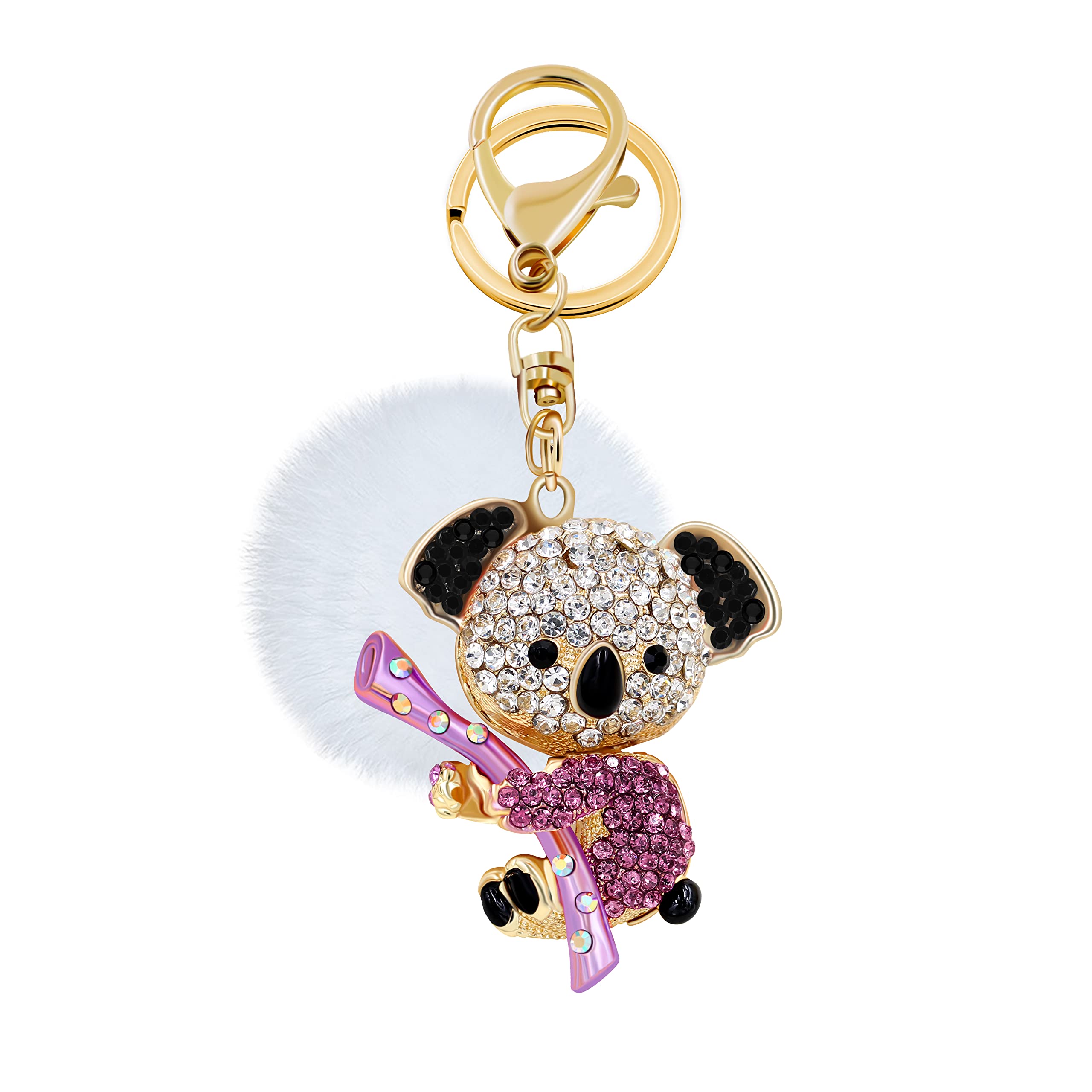 Uloveido Cute Purple Crystal Koala Keychain for Teen Girls Women Kids Charms with White Fur Ball