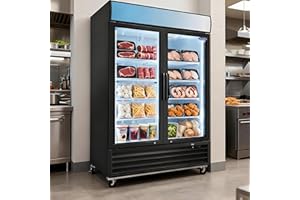 DORACOME Glass Door Merchandiser Freezer 70 Cu.ft Swing Door Commercial Reach-In Display Freezers with LED Top Panel Upright Freeze Storage (Double-door version)