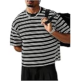 RoseSeek Men's Striped Ribbed Knit Tees Crew Neck Short Sleeve T Shirts Loose Fit Summer Tops