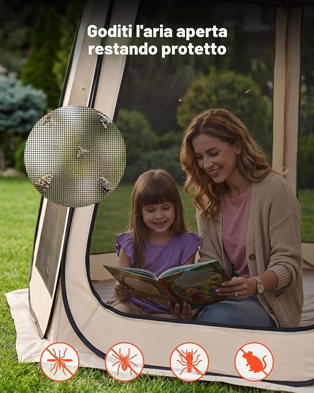 Tenda da Campeggio Trasparente con Finestra 3660 x 3380 x 2300 mm Tenda Gazebo a Baldacchino per 10-12 Persone, con Borsa per il Trasporto, Lati in Rete, per Patio e Attività all'Aperto, Beige