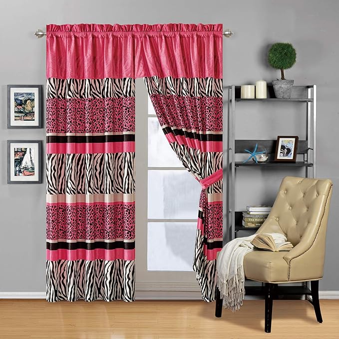 Modern 4 Piece Hot Pink Black Animal Print Safari Curtain Set, Leopard, Zebra