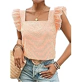 MakeMeChic Women's Gingham Print Blouse Top Square Neck Ruffle Short Sleeve Boho Casual Shirts