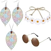 Hicarer 4 Pieces Hippie Costume Set Include Sunglasses, Headband, Hollow Leaves Necklace and Earring 70s Hippie Accessories