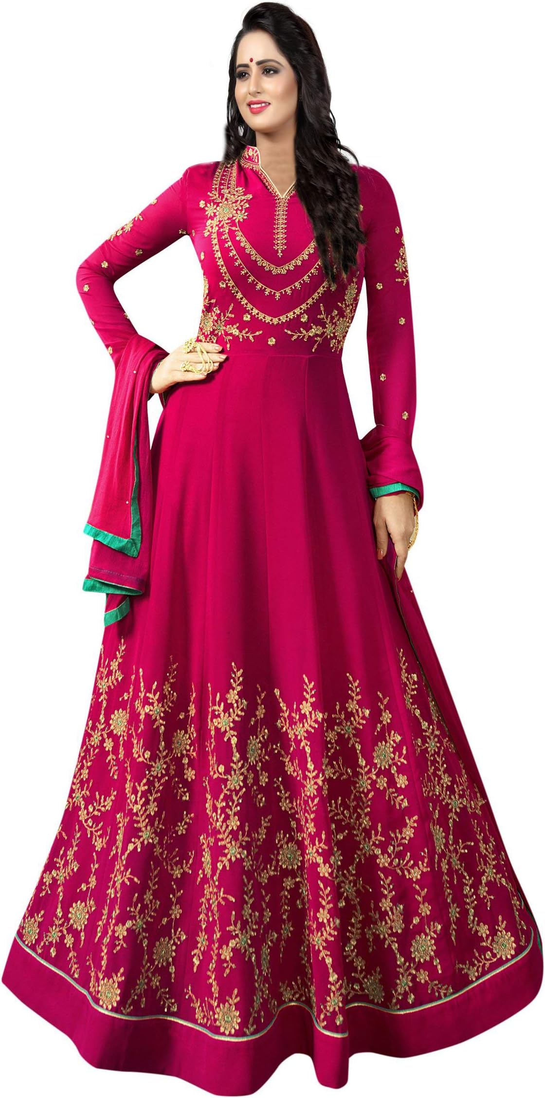 Ethnic Yard Womens Faux Georgette Anarkali Embroidered Semi Stitched Gowns
