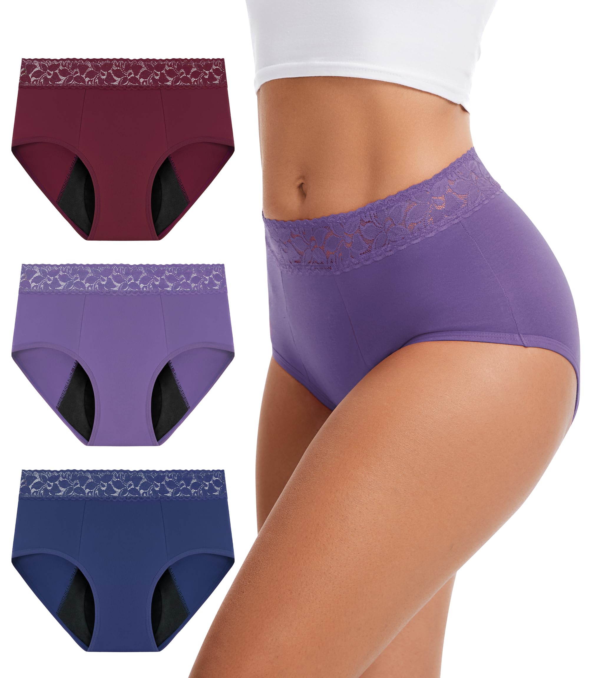Photo 1 of Bobelle Wear Incontinence Underwear For Women, 100ML Leakproof Lace Briefs, Period Panty for Postpartum Bladder Leak, 3 Pack (Medium, Multicolor01)
