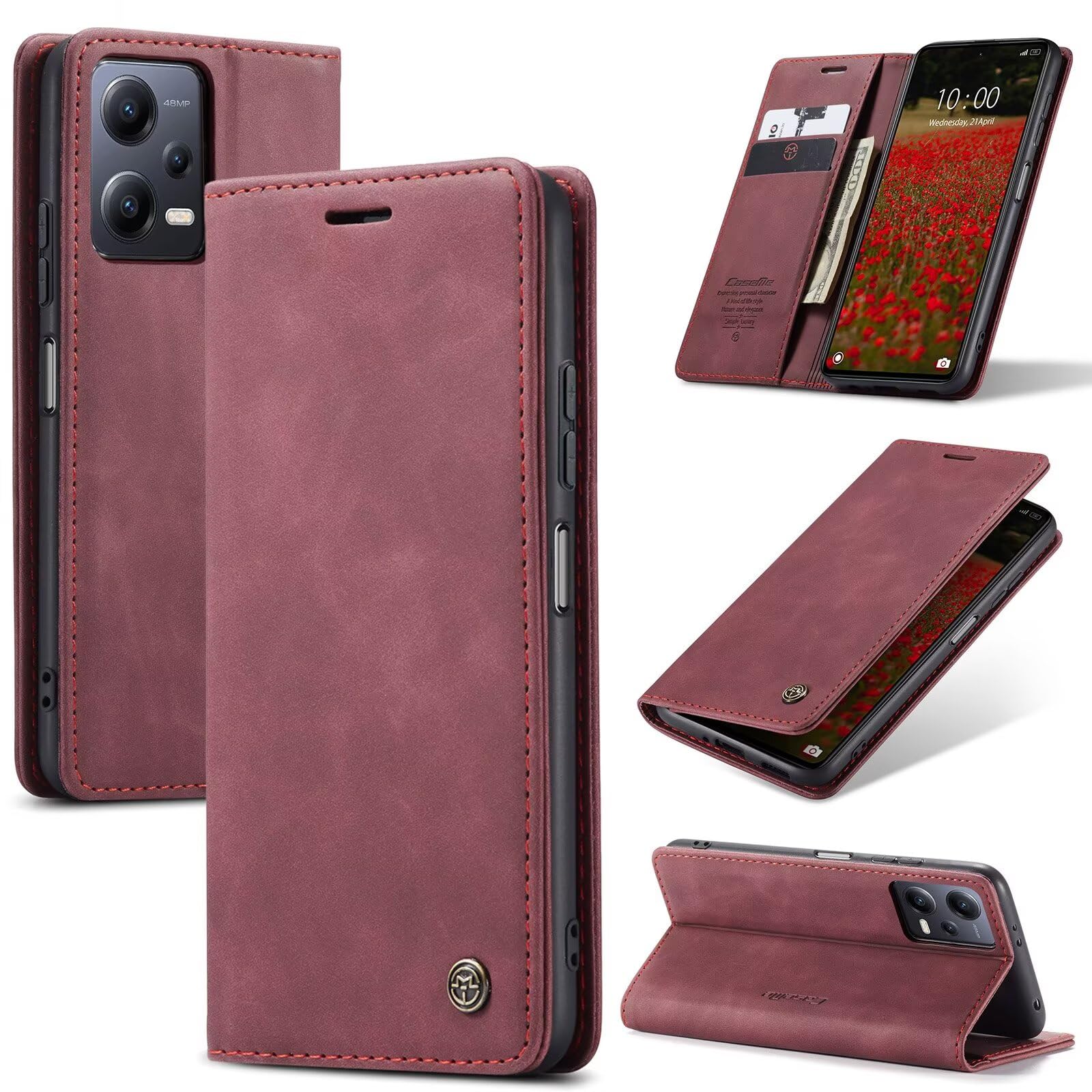 SLWYF Compatible with Xiaomi Poco X5 5G/Redmi Note 12 5G Case, Leather Wallet Case, Flip Wallet Leather Case with Card Slot Kickstand Phone Cases Cover for Xiaomi Poco X5 5G/Redmi Note 12 5G - Red