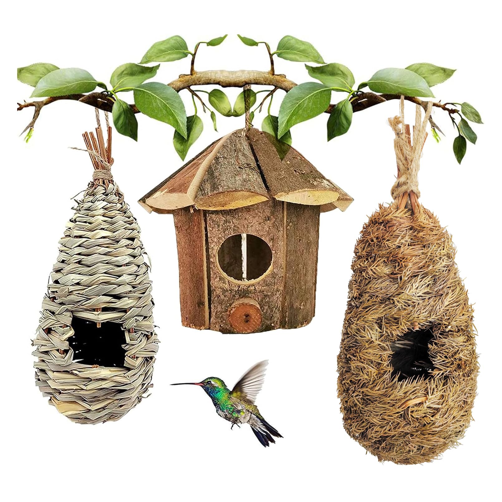 Photo 1 of  NO HUTHamiledyi Humming Bird Houses Nest, Hand Woven Wooden Vintage Chickadee Finch Hut Outdoor Hanging Natural Grass Birdhouse Nest for Canary Finches Robin Wren- Set of 3