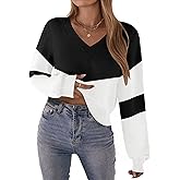 Zeagoo Women's 2025 Fall V-Neck Cropped Sweater Trendy Long Latern Sleeve Ribbed Knit Pullover Crop Tops