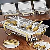 Gold Chafing Dishes for Buffet 4 Pack (7 Pans + Utensils) - 9QT Stainless Steel Chafing Dish Buffet Set - Food Warmers for Parties Buffet - Buffet Servers and Warmers (4 PACK + 7 PANS + 7 UTENSILS)