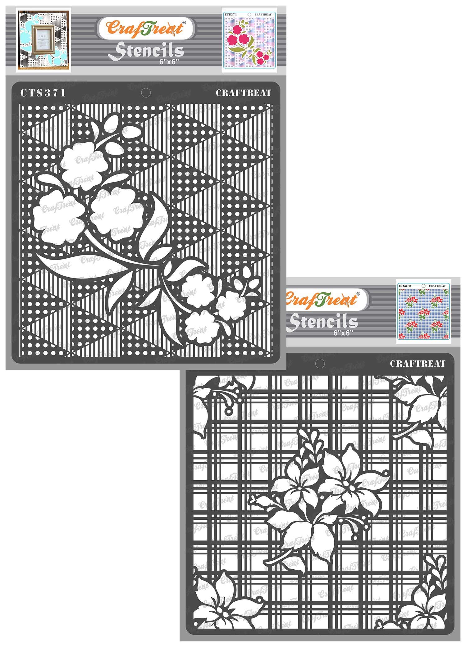 CrafTreat Reusable Flower Stencils for Painting on Wood, Wall, Tile, Canvas, Paper, Fabric and Floor-Floral Pattern stencil-2Pcs- 6x6 Inches Each-Background Stencils for Card Making Plastic Stencils