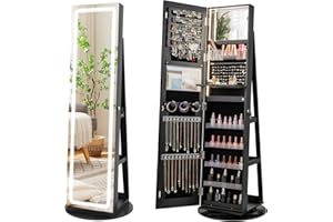 IFANNY 360° Swivel Jewelry Cabinet with Full Length Mirror, Lockable Jewelry Armoire Organizer Box Standing with 3-Color LED 