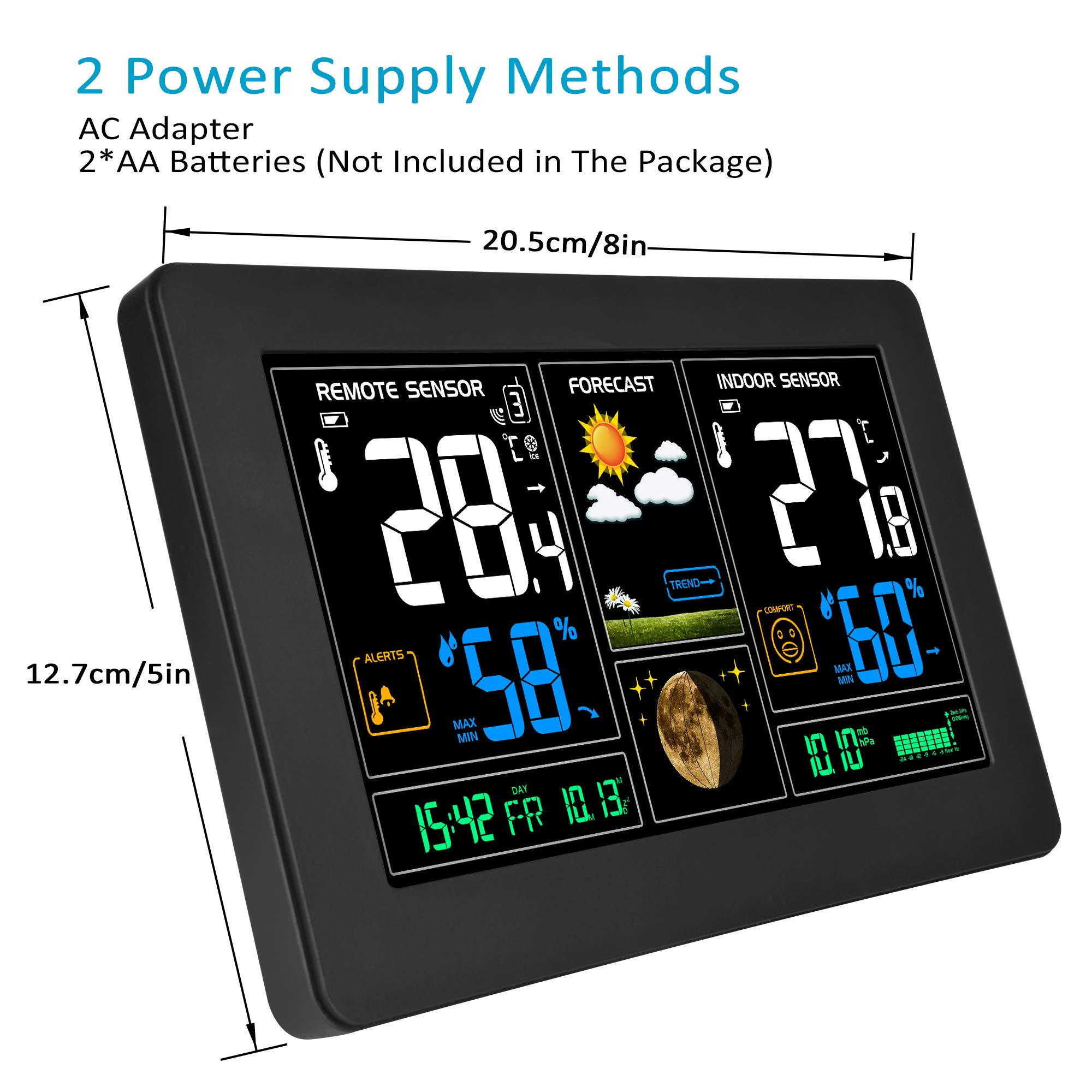 Kalawen Wetterstation mit Außensensor Innen und Außen 9-IN-1 Wireless Digital Wecker Barometer Weather Station Temperatur-Feuchtigkeits-Monitor Wettervorhersage für Zuhause Hausgarten Büro 3