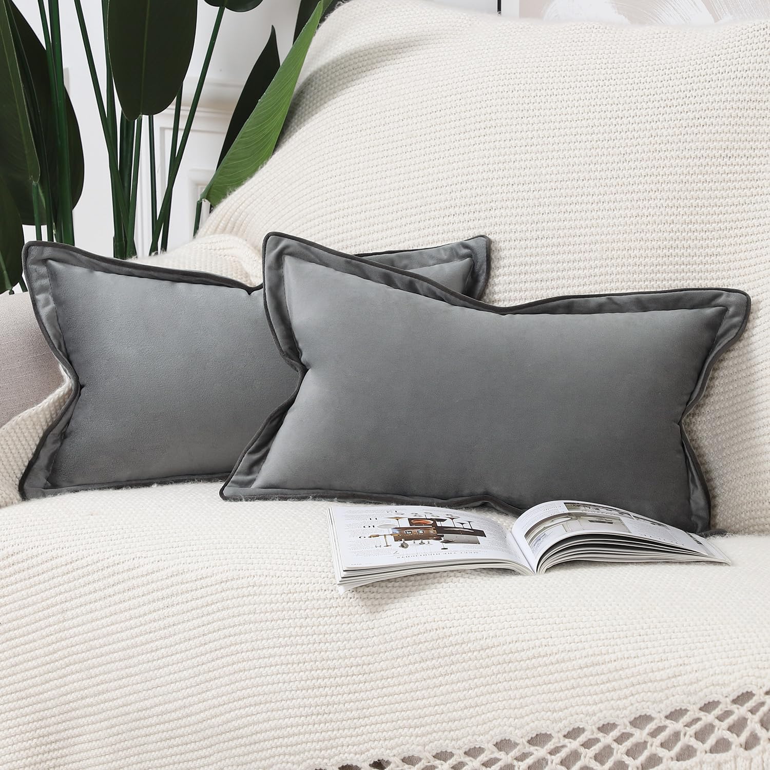 Madizz Set of 2 Velvet Fringed Throw Pillow Covers 16x24 inch, 40x60 cm, Grey Soft Decorative Cushion Cover for Sofa Bedroom Pillow Shell