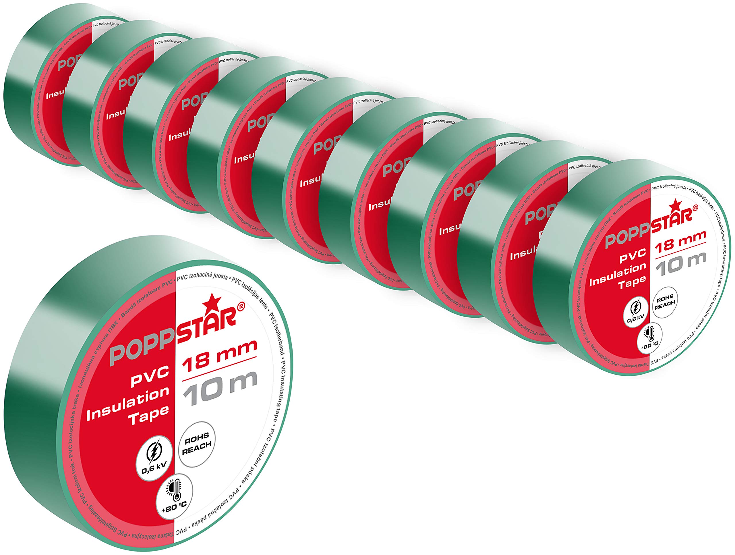 POPPSTAR PVC insulating tape 10m (18mm wide, 0.18mm thick), green, 10 rolls