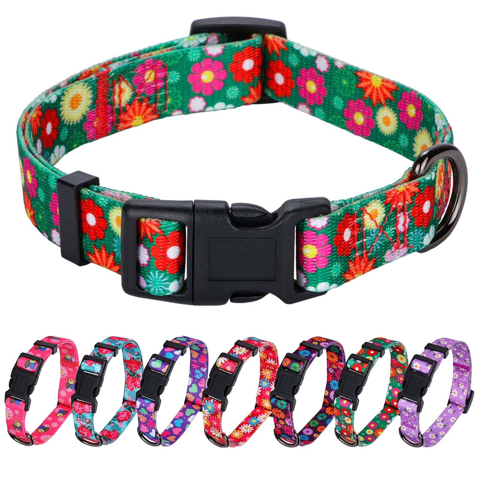 Rhea Rose Girl Dog Collars Summer Daisy Flower Pattern, Female Adjustable Collar for Puppy, Medium, Green — image 1