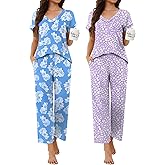 Ekouaer 2 Pack Pajamas for Women Short Sleeve V Neck Pj 2 Piece Lounge Sets S-XXL