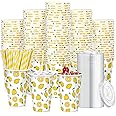 Tessco 150 Pieces/ 50 Sets Lemonade Cups with Lids and Paper Straws 12oz Disposable Iced Coffee Paper Cup Summer Lemon Citrus Paper Cold Cups for Fruit Party Iced Coffee Cold Beverages Drinks Juices