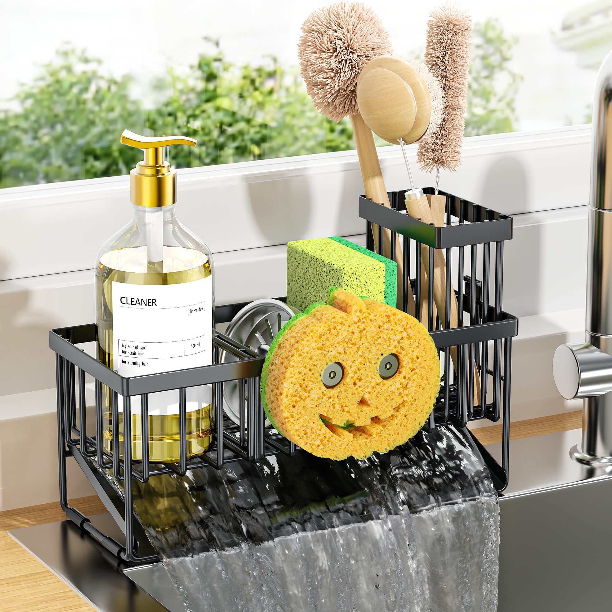 Photo 1 of Cisily Kitchen Sink Caddy Organzier with High Brush Holder, Sponge Holder for Sink, 304 Rustproof Stainless, Kitchen Countertop Soap Dispenser Organizer (Black With Smiley Face Holder, 9.25?)