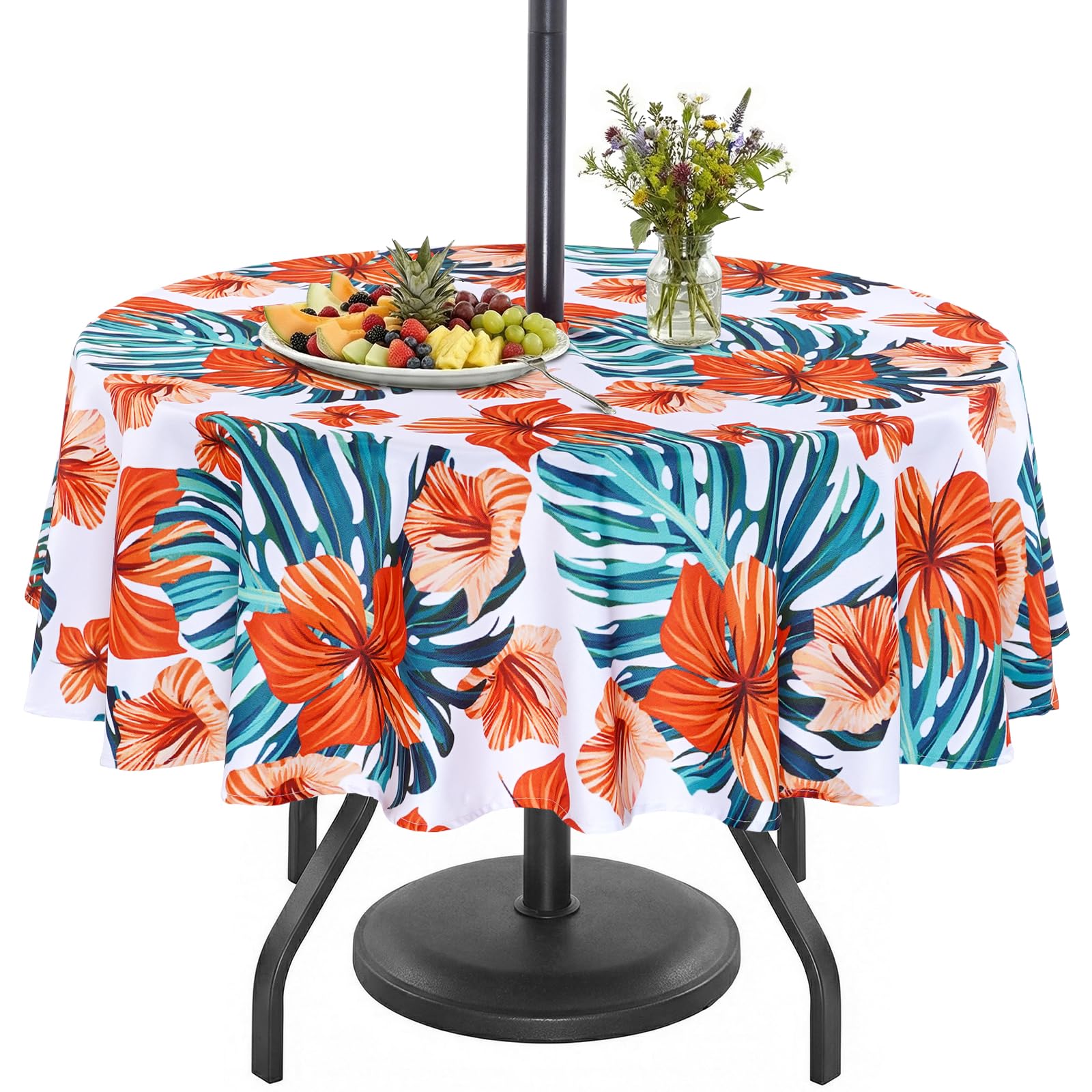 Eternal Beauty 152cm Round Orange Flower Indoor Outdoor Splashproof Tablecloth with Umbrella Hole and Zipper for Patio Garden Party and BBQ （60"）
